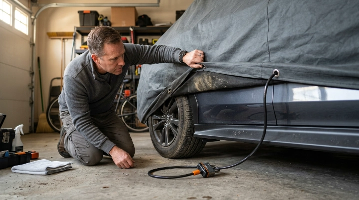 Owner checking a locking car cover cable route, painted rocker panel, and dirt trapped under cover fabric.
