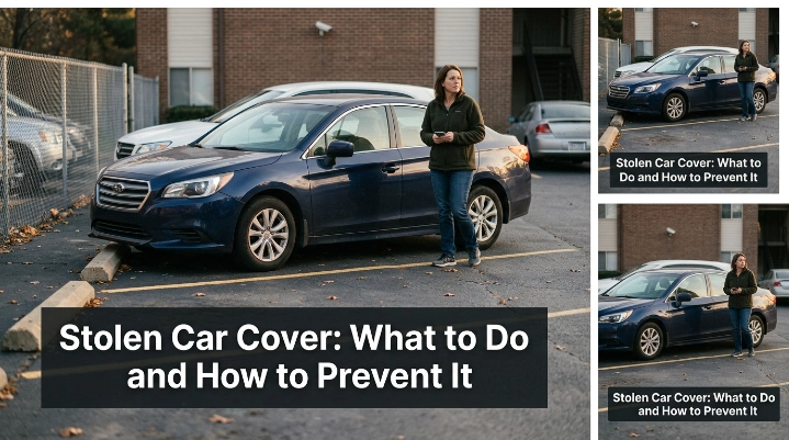Driver checking an uncovered parked car after a stolen car cover incident.