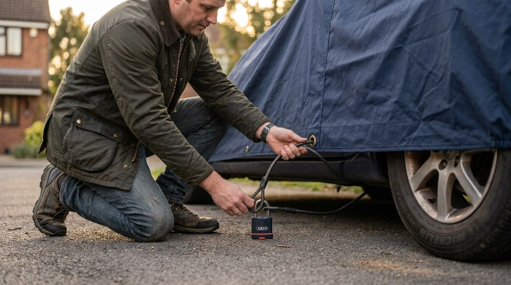 Driver safely threading a coated cable through reinforced car cover locking grommets.