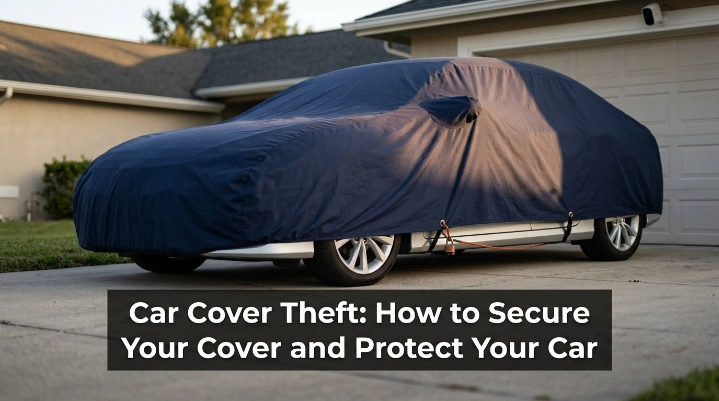 Locked car cover secured with reinforced grommets, coated cable and padlock in a driveway