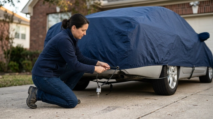 Driver threads a coated security cable through reinforced car cover grommets beneath a parked sedan