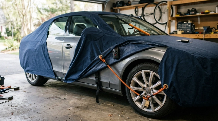 Covered sedan showing cable lock, underbody strap, motion alarm and separate steering-wheel security