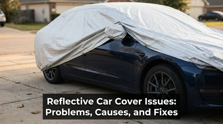 Reflective silver car cover on a sedan showing moisture, loose fit, dirt, and material wear.