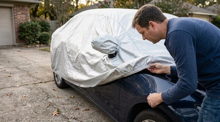 Car owner inspecting a reflective cover for loose fit, moisture, dirt, seam wear, and peeling.