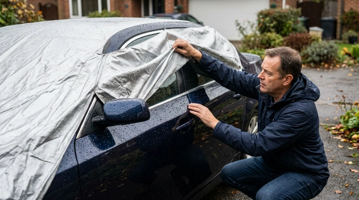 Moisture under a silver car cover around mirrors, handles, trim, roof, and body panels.