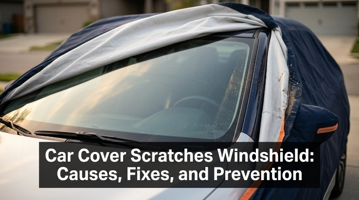 Loose car cover rubbing grit across windshield glass and creating fine scratches