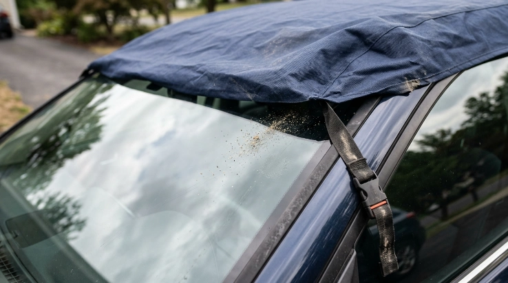 Loose car cover rubbing grit across windshield glass and creating fine scratches