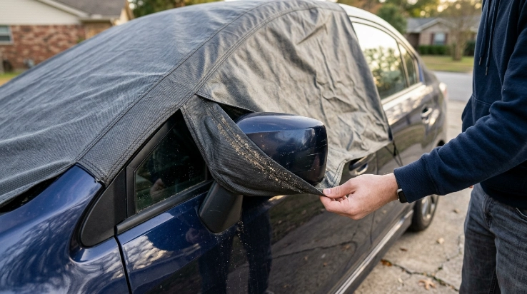 Mirror damage from car cover caused by tight fabric, trapped grit and loose cover movement