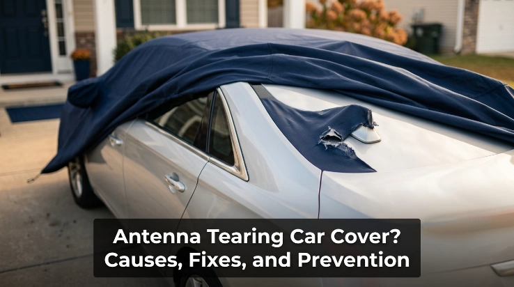 Tight car cover fraying where fabric presses against a roof antenna