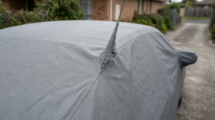 Tight car cover fraying where fabric presses against a roof antenna