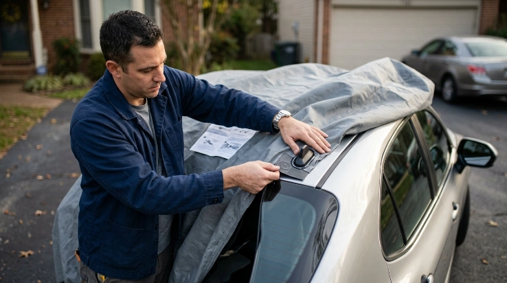 Driver fitting reinforced car cover opening around a fixed roof antenna