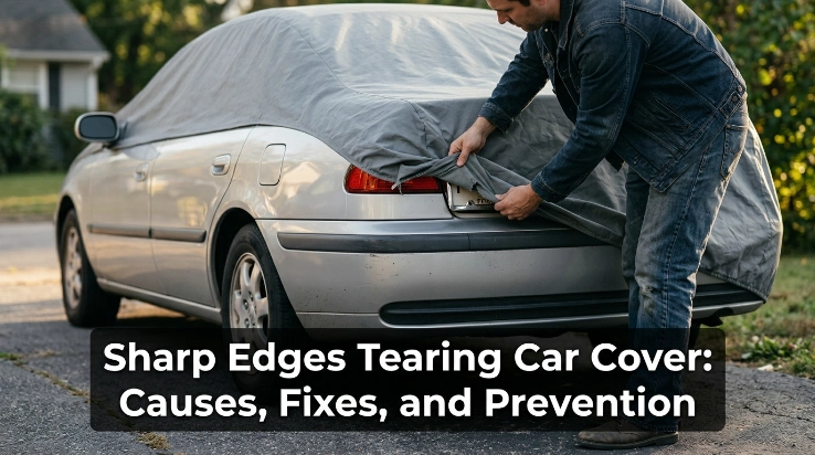 Owner inspecting license plate, trim, mirror and antenna after sharp edges tear a car cover