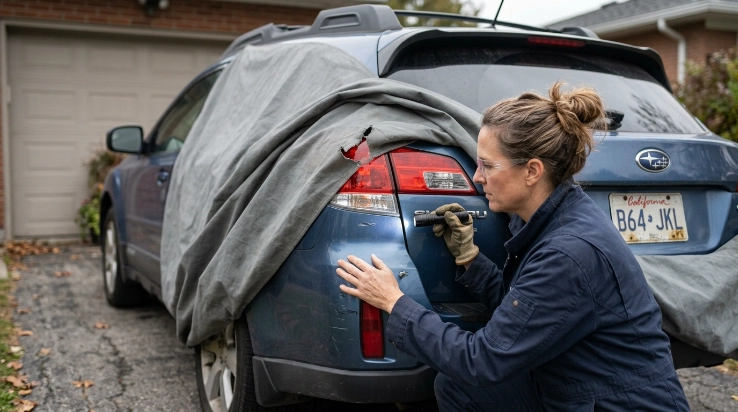 Owner inspecting license plate, trim, mirror and antenna after sharp edges tear a car cover