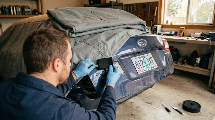 Owner padding a sharp car contact point before reinstalling a torn vehicle cover