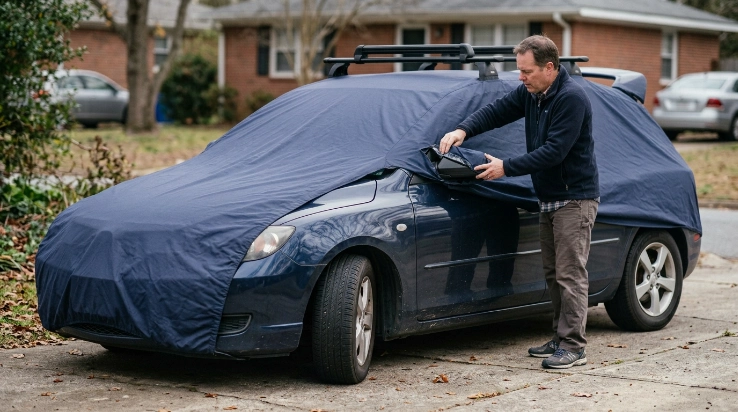 Car cover fitment issues around mirror, roof rack, spoiler, and bumpers