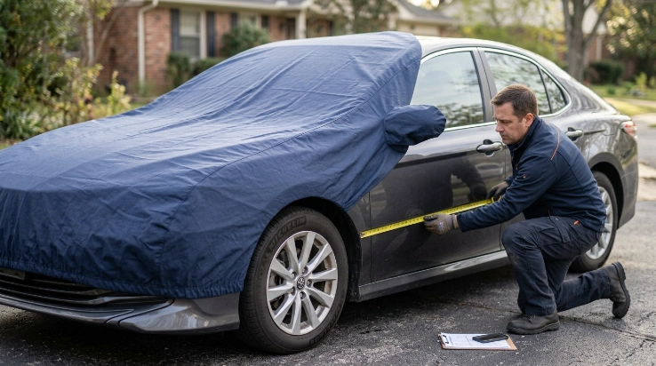 Owner measuring a car and checking cover alignment, mirror fit, and bumper coverage
