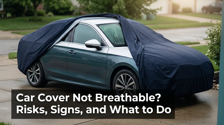 Driver checking condensation and damp fabric when a car cover is not breathable.