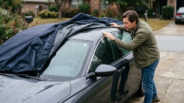 Driver checking condensation and damp fabric when a car cover is not breathable.