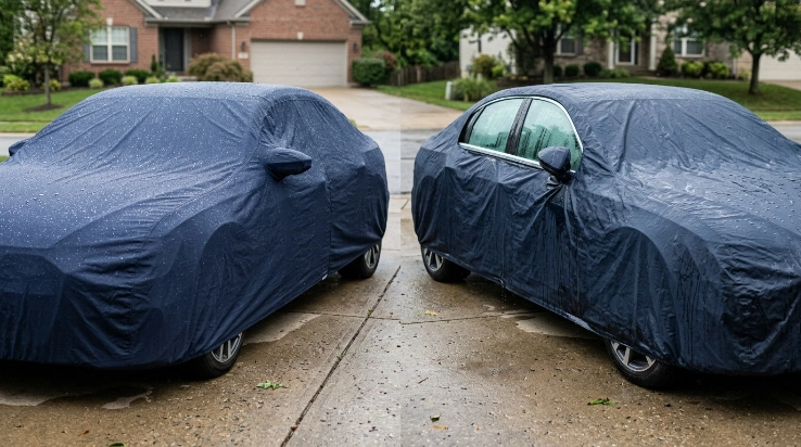Breathable and non-breathable car covers compared by rain protection and trapped condensation.