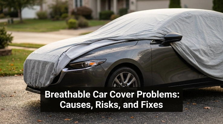 Sedan showing breathable cover problems including loose fabric, dampness, dirt contact, and poor mirror fit