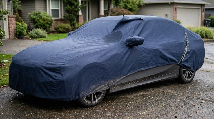 Sedan showing breathable cover problems including loose fabric, dampness, dirt contact, and poor mirror fit