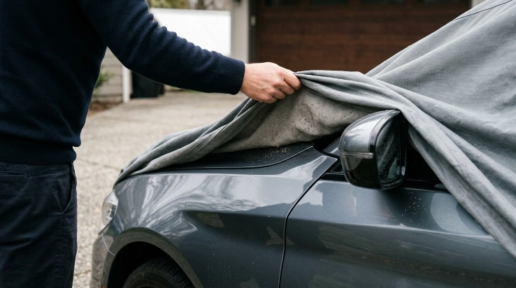 Close-up of grit between breathable car cover fabric and vehicle paint near mirror and fender