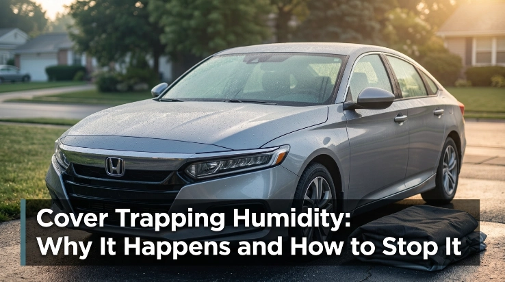 Driver checking condensation and car cover seams to diagnose moisture trapped beneath the cover.