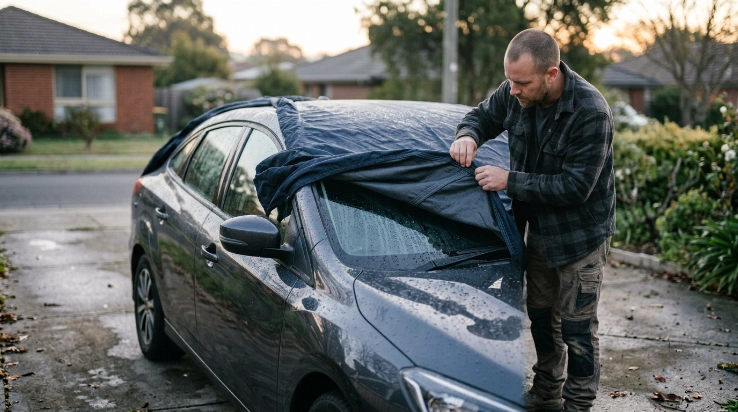 Driver checking condensation and car cover seams to diagnose moisture trapped beneath the cover.