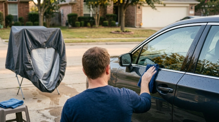 Car owner drying a vehicle and breathable cover to prevent trapped humidity and condensation.