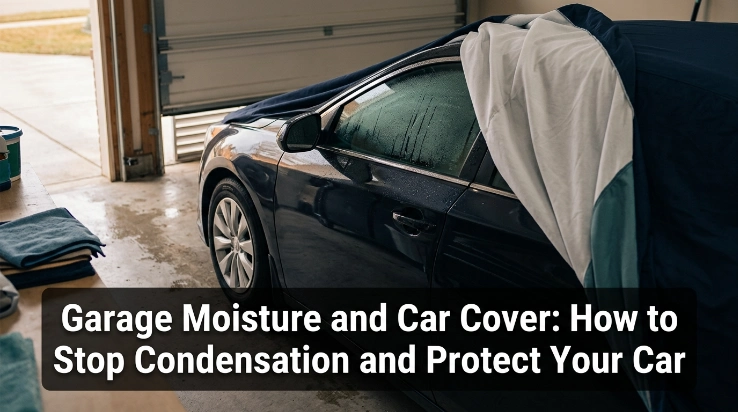 Water trapped around mirrors and seams before using a car cover in a damp garage