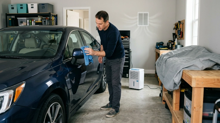 Car owner drying vehicle seams before fitting a breathable cover in a humid garage