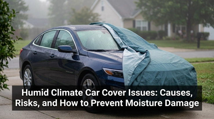 Owner inspecting condensation and possible seam leakage beneath a car cover