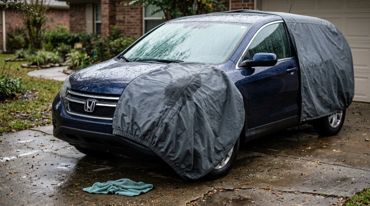 Owner inspecting condensation and possible seam leakage beneath a car cover