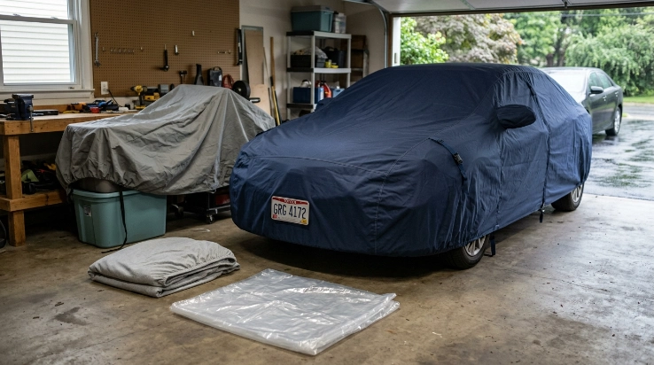 Fitted outdoor car cover being checked for fit, liner quality and breathability