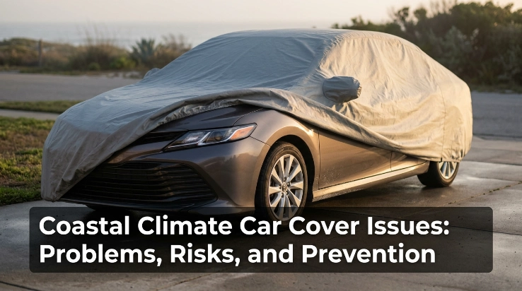 Covered sedan in humid coastal weather with damp pavement, salt residue, and wind movement.