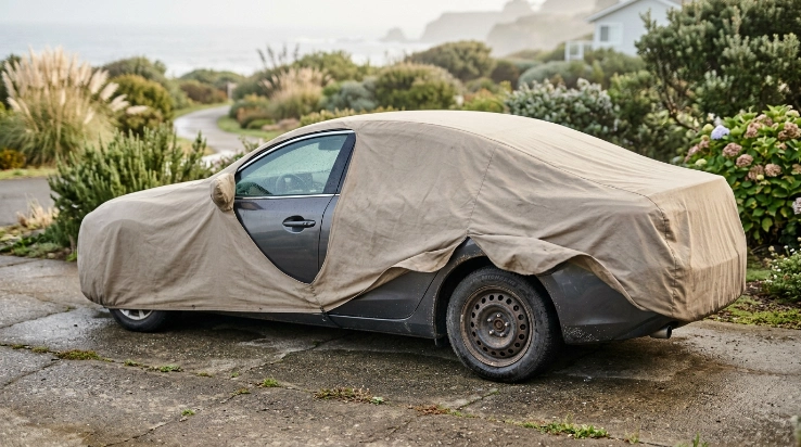 Covered sedan in humid coastal weather with damp pavement, salt residue, and wind movement.