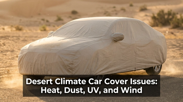 Covered sedan exposed to desert heat, dust, sunlight, and wind