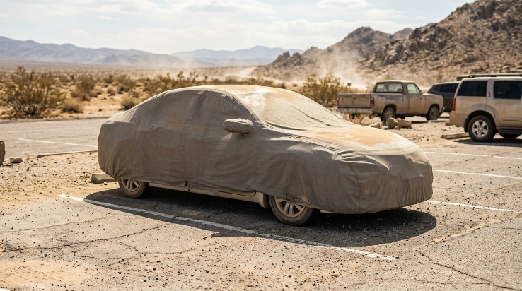 Covered sedan exposed to desert heat, dust, sunlight, and wind