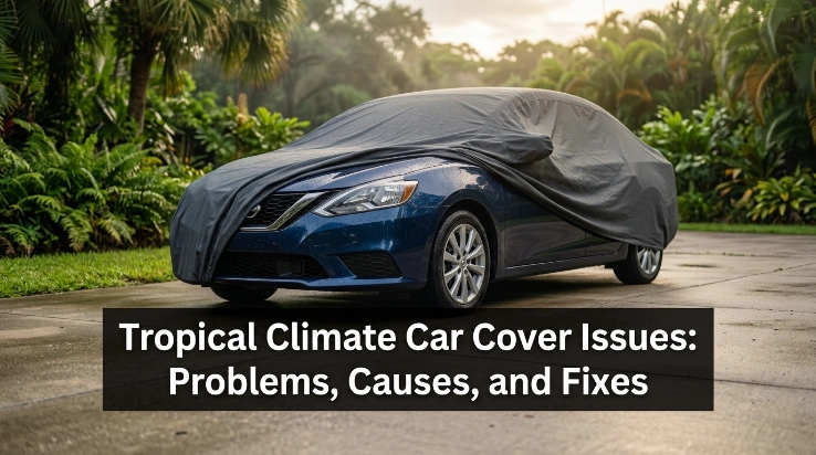 Damp cover lifted from car showing condensation and tropical climate car cover issues