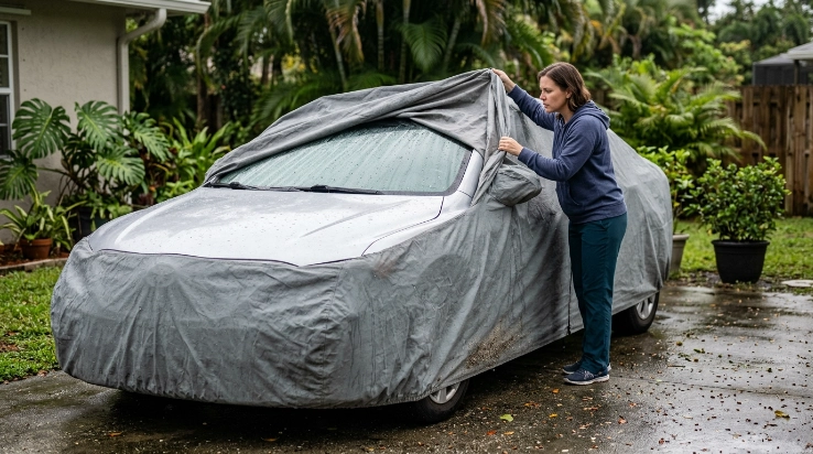 Damp cover lifted from car showing condensation and tropical climate car cover issues