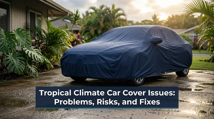 Driver inspecting a damp car cover after tropical rain to prevent mildew and trapped moisture