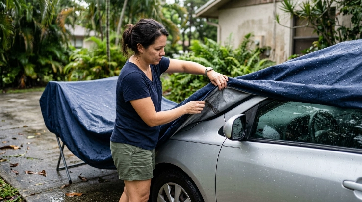 Driver inspecting a damp car cover after tropical rain to prevent mildew and trapped moisture