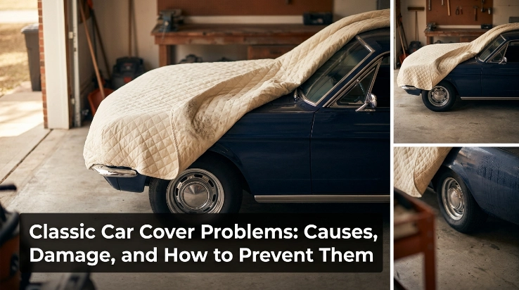 Owner lifting dusty cover from classic car paint to prevent scratches and rubbing damage