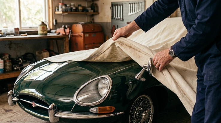 Owner lifting dusty cover from classic car paint to prevent scratches and rubbing damage