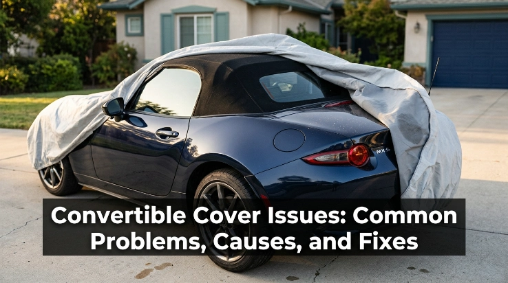 Owner installing clean dry convertible cover while checking straps, soft top, seals, and stitching