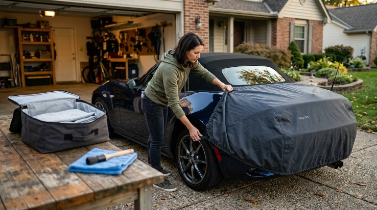 Owner installing clean dry convertible cover while checking straps, soft top, seals, and stitching