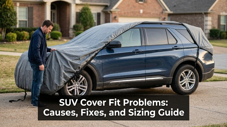 Owner measuring SUV length and height before choosing a car cover size