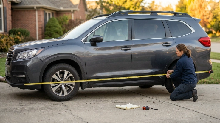 Owner measuring SUV length and height before choosing a car cover size