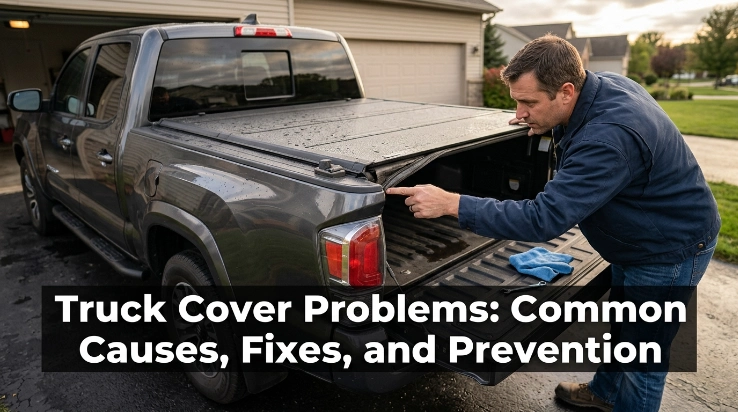 Different tonneau cover types illustrating truck cover problems involving fabric, hinges, tracks, latches, and rails.
