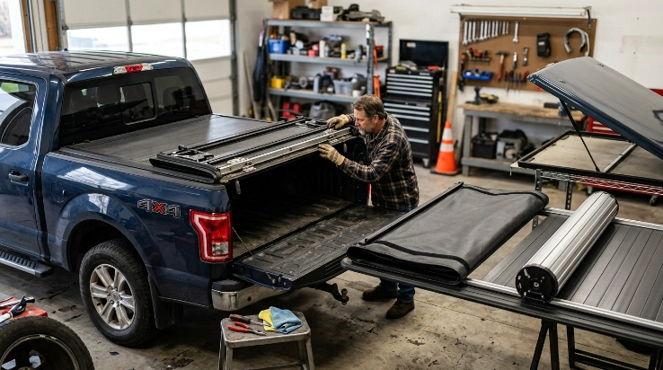 Different tonneau cover types illustrating truck cover problems involving fabric, hinges, tracks, latches, and rails.